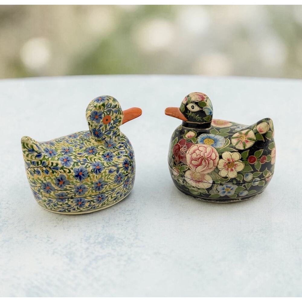 Kashmir Paper Mache Lacquer Duck Boxes Set of 2 Blue/ Yellow and Floral India